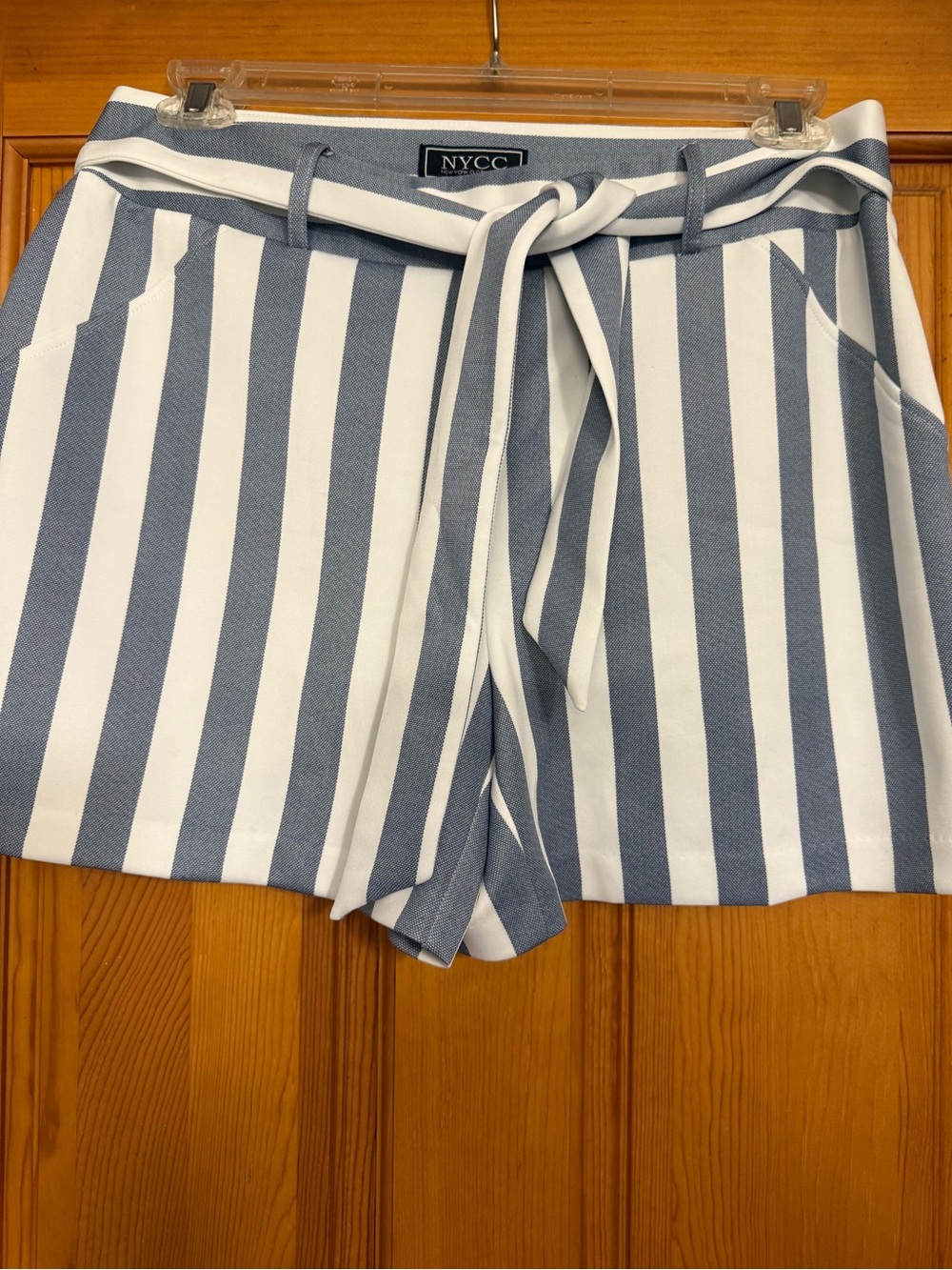 NYC White and Blue Vertical Stripe Tie-Waist High Waist Shorts